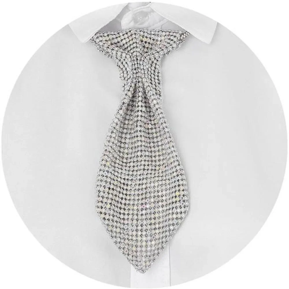 Women’s Luxury Crystal Rhinestone Necktie Silver Sparkling Fashion Statement Tie